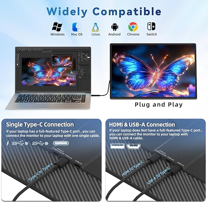 Portable Monitor Laptop Screen Extender - 16" 1200P FHD Travel External Display USB-C HDMI Port Detachable Kickstand Gaming Monitor Compatible with Wins Mac Chrome Dex Phone