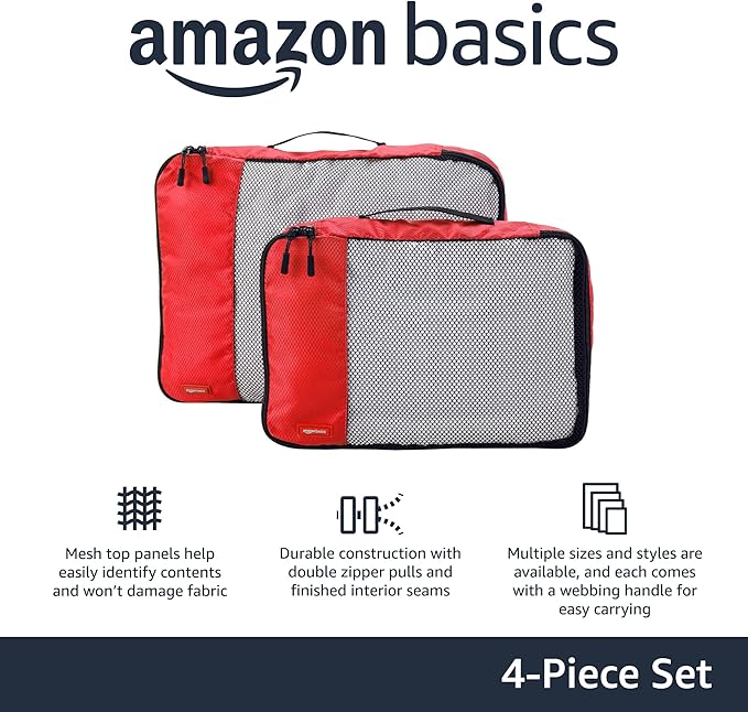 Amazon Essentials 4-Piece Packing Cubes Travel Accessories Set, Luggage Organizer with Double Zipper, Mesh Top, 100% Polyester, 2 Medium/2 Large, Red (Previously Amazon Basics)