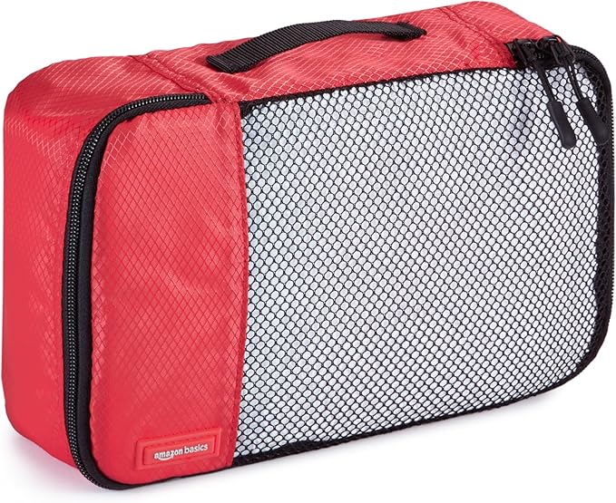 Amazon Essentials 4-Piece Packing Cubes Travel Accessories Set, Luggage Organizer with Double Zipper, Mesh Top, 100% Polyester, Small/Medium/Large/Slim, Red (Previously Amazon Basics)