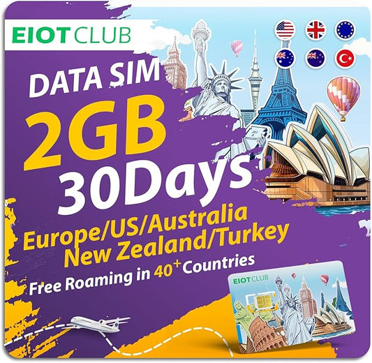EIOTCLUB Prepaid Europe SIM Card, 2GB/30Days SIM Card, Use in Australia/New Zealand/Turkey/The US & Europe, 5G/4G Speed Data Card (No Activation & Roaming Fees Required)