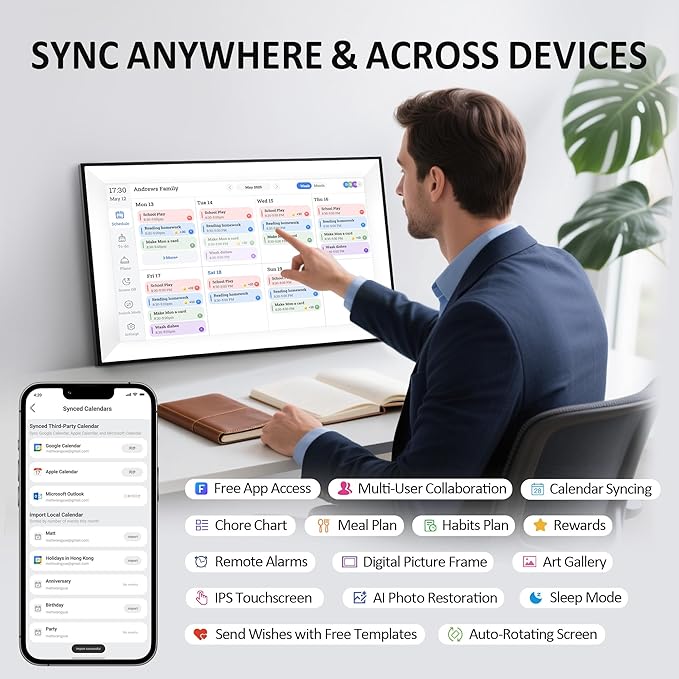 15.6 Inch Digital Calendar Chore Chart, Digital Picture frame,Smart Touchscreen Wall & Desk Electronic Calendar Family Planner for Seamless Scheduling/Organizing,Gift