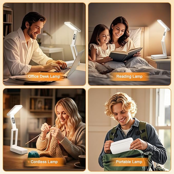 Small Desk Lamp,10000mAh Battery Operated Lamp,3 Colors+Dimmable Desk Light,LED Desk Lamp with USB Charging Port+Digital Clock+45min-Timer,Wireless & Portable Light,Desk Lamps for Home Office,Craft