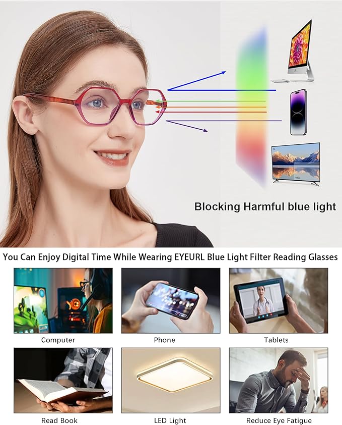 EYEURL 4-Pack Reading Glasses for Women Blue Light Blocking Computer Glasses Vintage Design Diamond Shaped Frame Readers for Women Men Anti Glare Filter Lightweight Spring Hinge Eyeglasses,2.0