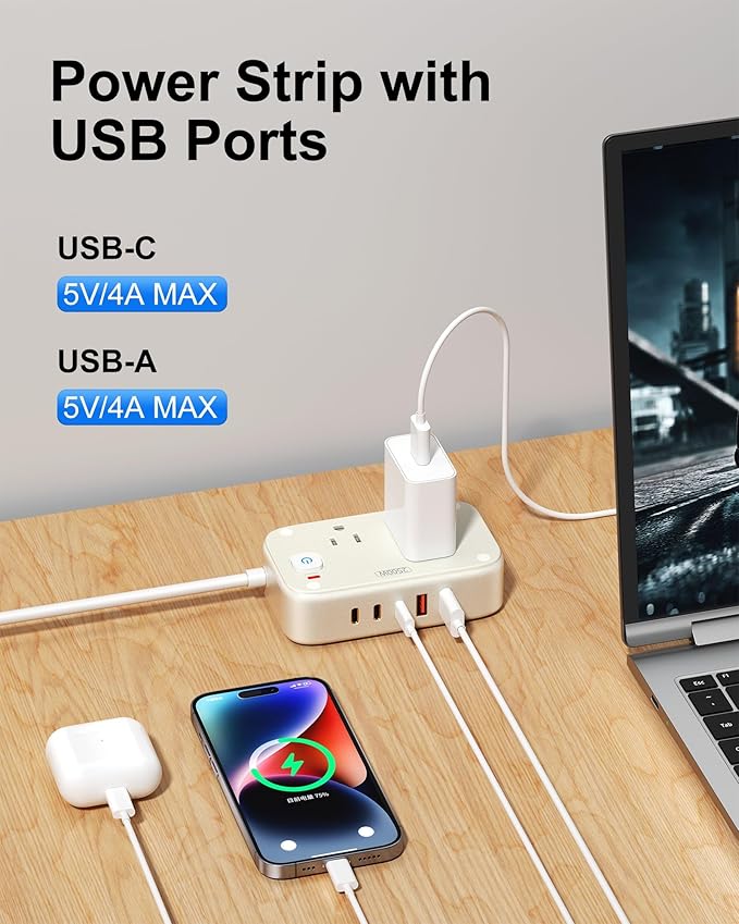 Power Strip with USB C - 40W Charging Station with 2 Outlets 3 USB A & 2 USB C - Charger for Multiple Devices, 5Ft Flat Plug Extension Cord, Non Surge Protector for Cruise Travel Office(White)