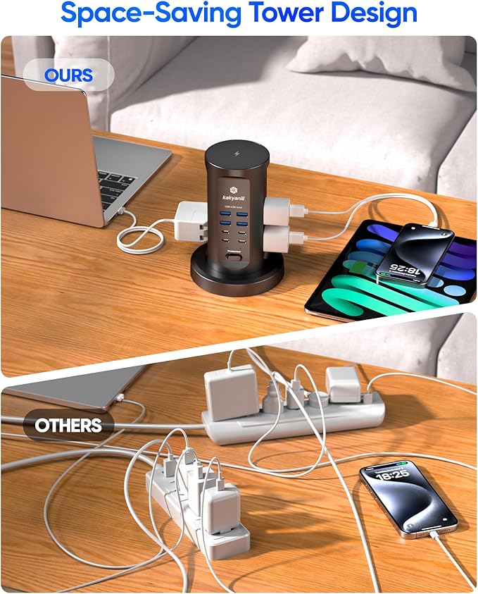 Power Strip Tower, kakyanill Surge Protector Tower 10 AC Outlets 8 USB (4 USB C), 6 Ft Retractable Extension Cord, Charging Station for Office Dorm Room, Black