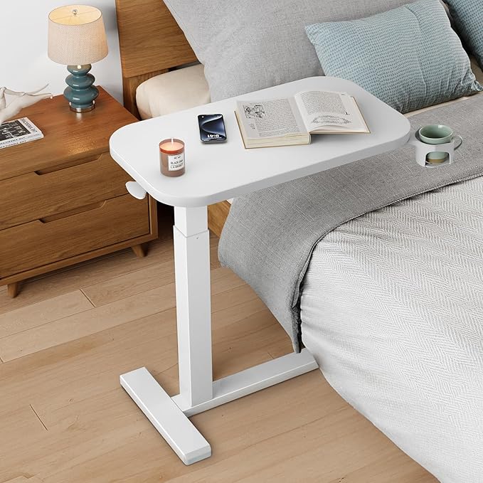 HUANUO Bedside Table with Wheels, Height-Adjustable Rolling Computer Cart, Overbed Table with Cup Holder, Pneumatic Laptop Standing Desk for Home Office, White (27.6" x 15.7")