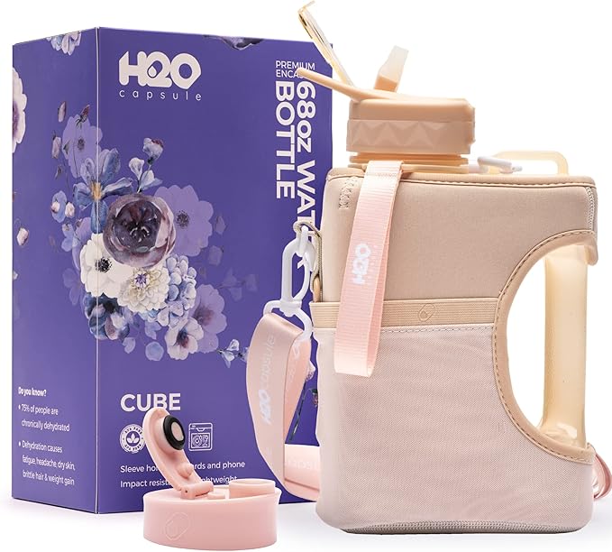 H2O Capsule Half Gallon Cube Square Water Bottle - 2.2L Water Bottle with Strap, Storage Sleeve, Covered Straw and Chug Lid – BPA Free Reusable Sports Water Jug with Handle, (68 Ounce), (Neutral)