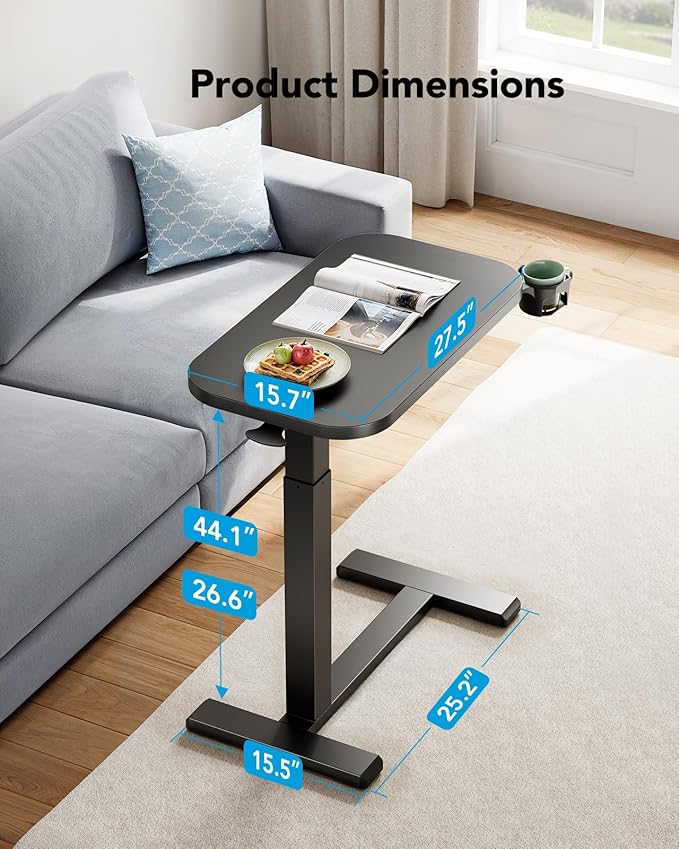 HUANUO Bedside Table with Wheels, Height-Adjustable Rolling Computer Cart, Overbed Table with Cup Holder, Pneumatic Laptop Standing Desk for Home Office, Black (27.6" x 15.7")