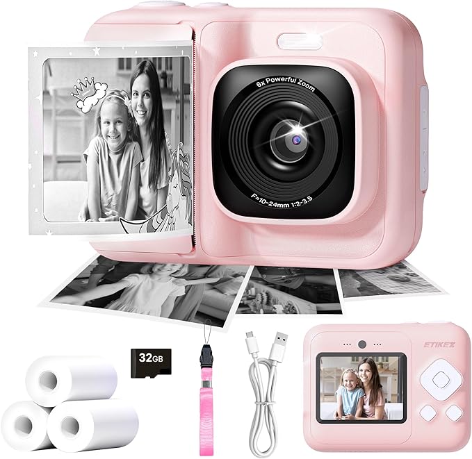 Kids Camera, 1080P Instant Digital Print Camera for Kids, Christmas Birthday Gifts for 4 5 6 7 8 9 10 Year Old Girls Boys, Portable Toy with 32GB SD Card & 3 Rolls Printing Paper, 1 Count, Pink