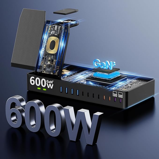 600w Charging Station for Multiple Devices, 15 in 1 Wireless Charger with 2pack 100w USB C Charger Cable, Dual 100w USB C Tablet Charging Station for MacBook,iPhone,iPad,Tablet(Black)