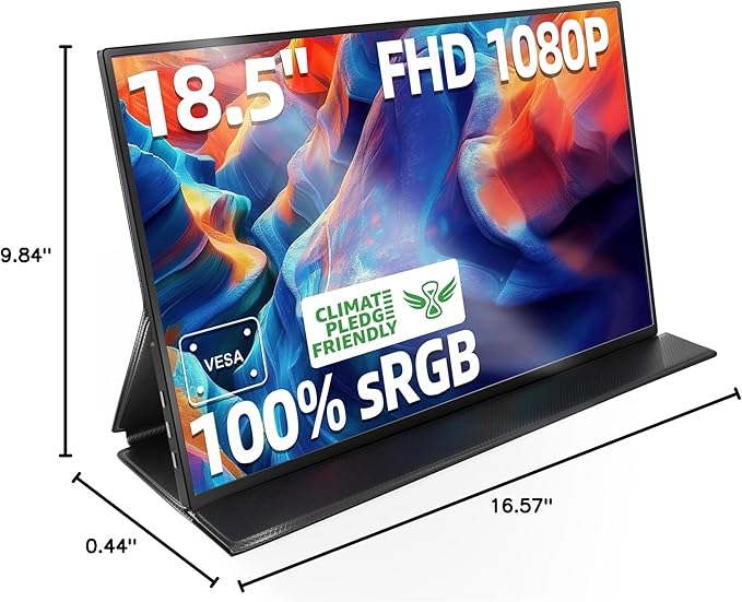 Portable Monitor, 18.5 Inch FHD 1080P 100% sRGB Laptop Screen Extender USB C HDMI Portable Gaming Monitor w/Smart Cover & Speakers, External Monitor for Laptop Mac PC