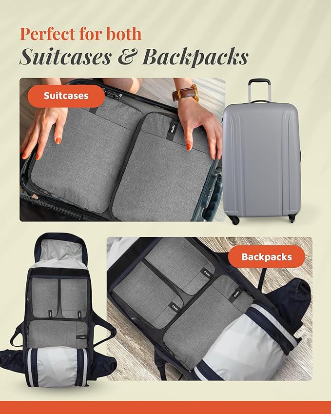 Premium Compression Packing Cubes for Travel, Compression Packaging Cube, Zip Bags Premium 6-Piece Set with laundry bag and shoe bag by TRIPPED Travel Gear (Grey)