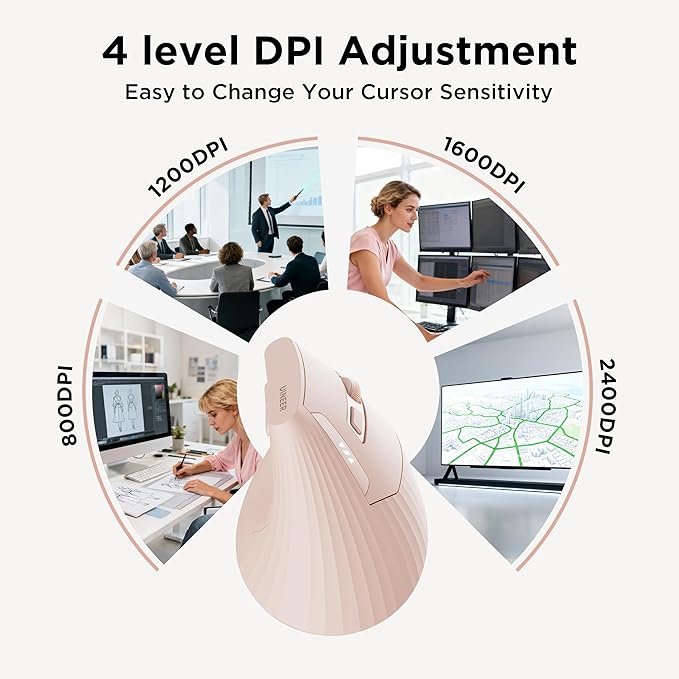 Uineer Vertical Mouse Wireless, 2.4G Rechargeable Mouse with Battery Indicator,4 Level DPI,Ergonomic Design for Comfort and Reduced Wrist Strain, Ideal for Home,Office Use (Pink)