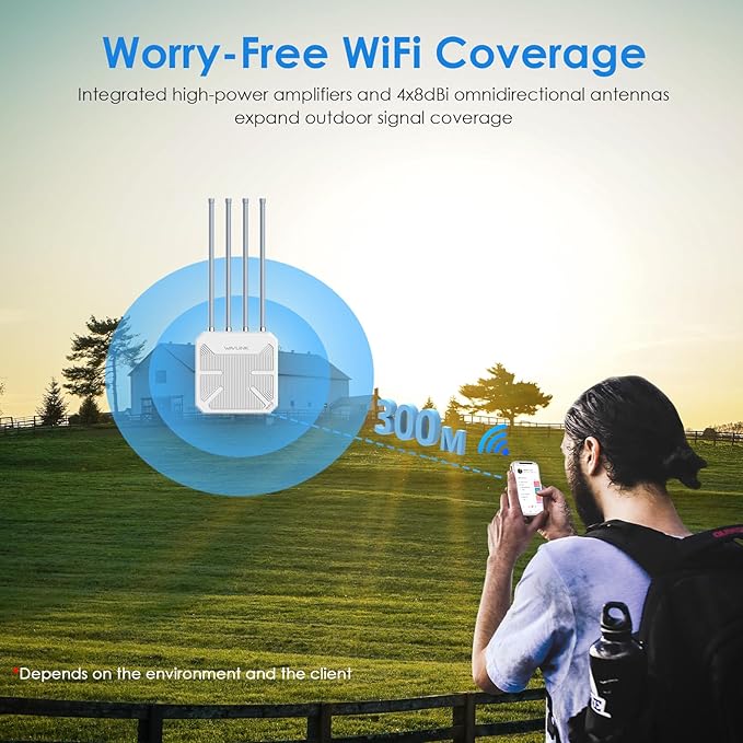 WAVLINK AX3000 Outdoor WiFi 6 Extender Long Range, Outdoor Wireless Access Point, Active PoE, 4x8dBi Antennas,Work with Starlink/Cameras/Router,IP67,Up to 256 Devices for Farm,Yard,RV