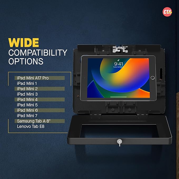 Locking iPad Wall Mount - CTA Anti-Theft Small Locking Tablet Enclosure w/ Key Lock & Interior Cable Routing for iPad Mini 1, 2, 3, 4, 5, 6, Samsung Tab A 8″, Lenovo Tab E8 - Black - (PAD-PSWB)