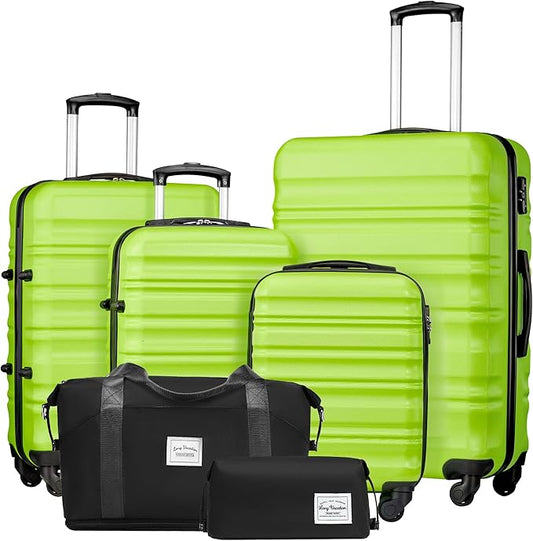LONG VACATION 6 Piece Luggage Set Carry on Suitcase with ABS+PC hardshell, Spinner Wheels & YKK Zipper TSA Lock (APPLE GREEN, 6 piece set)