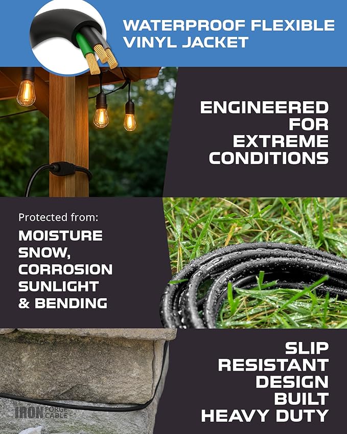 Iron Forge Cable 2 Pack 8 Ft Black Extension Cord, 16/3, 8 Foot Extension Cord, 3 Prong, Weatherproof - Great for Outside Use