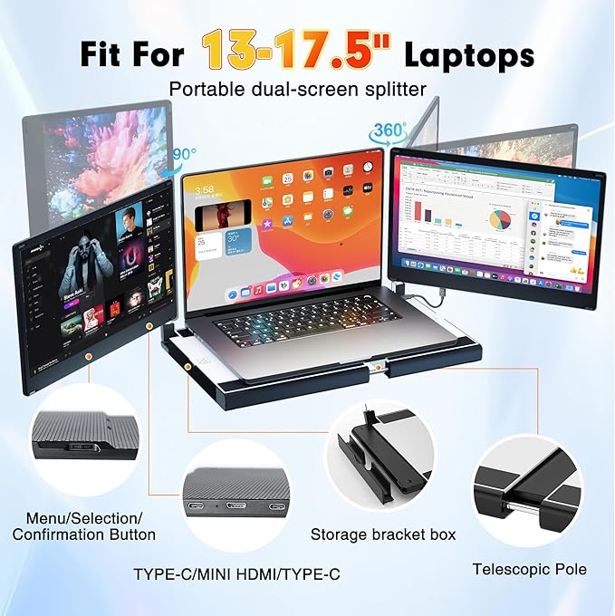 2025 New Upgraded Laptop Screen Extender Portable Monitor,1080P FHD IPS Screen,Monitor Extender for Laptop,Fit for 13-17" Laptops, Plug & Play Compatiable with Wins/Mac/Android/Switch (Detachable 14")