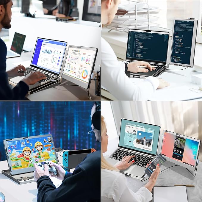 14" Portable Monitor for Laptop, 360° Rotation Laptop Screen Extender with Stand, 1080P FHD IPS Display, HDMI/USB-A/Type-C Plug and Play for Windows, Mac, PC, Xbox, Switch & PS4/5