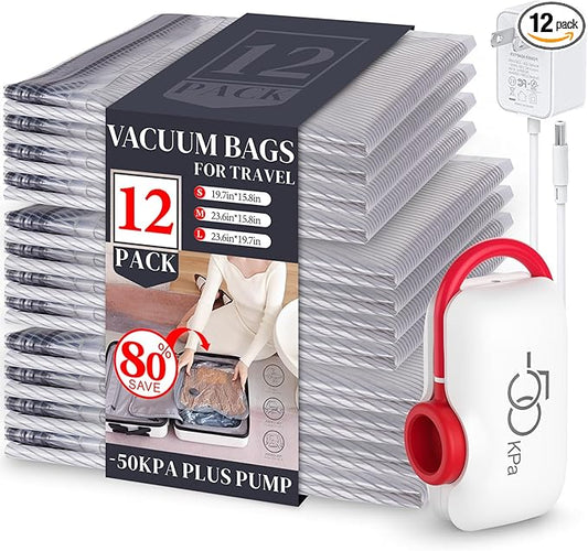 VMstr 12 Pack Vacuum Seal Bags for Clothing Travel, Carry-on Size for Luggage Compression Packing, Space Saver Bags with High Pressure Electric Pump (DC Power)