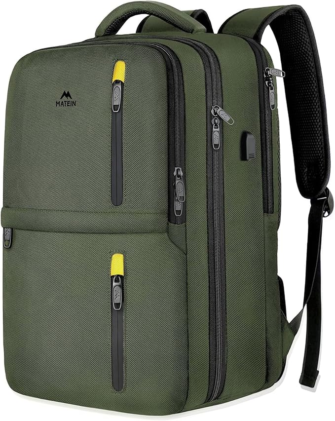 MATEIN Extra Large 45L Travel Backpack, Airline Approved Carry on Backpack with USB Port & Shoe Compartment, Water Resistant Luggage College Overnight Weekender Travel Bag Fit 18" Laptop, Green