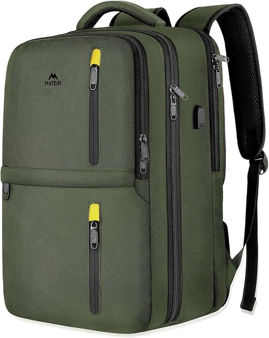 MATEIN Extra Large 45L Travel Backpack, Airline Approved Carry on Backpack with USB Port & Shoe Compartment, Water Resistant Luggage College Overnight Weekender Travel Bag Fit 18" Laptop, Green