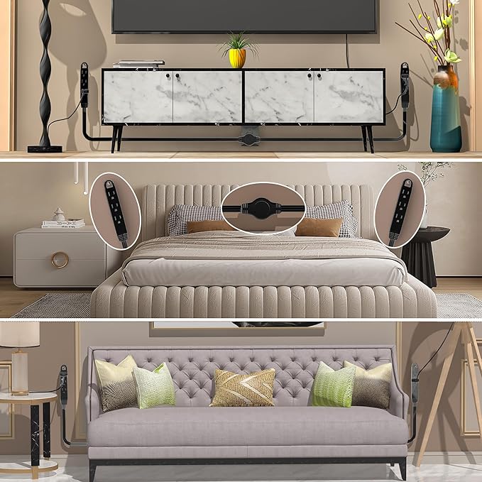 2 Pack 3-Prong 16FT Twin Extension Cord with 6 Outlets - Slim Design for Home Furniture, 16FT Double Cord 8 FT Each Side in Black Color