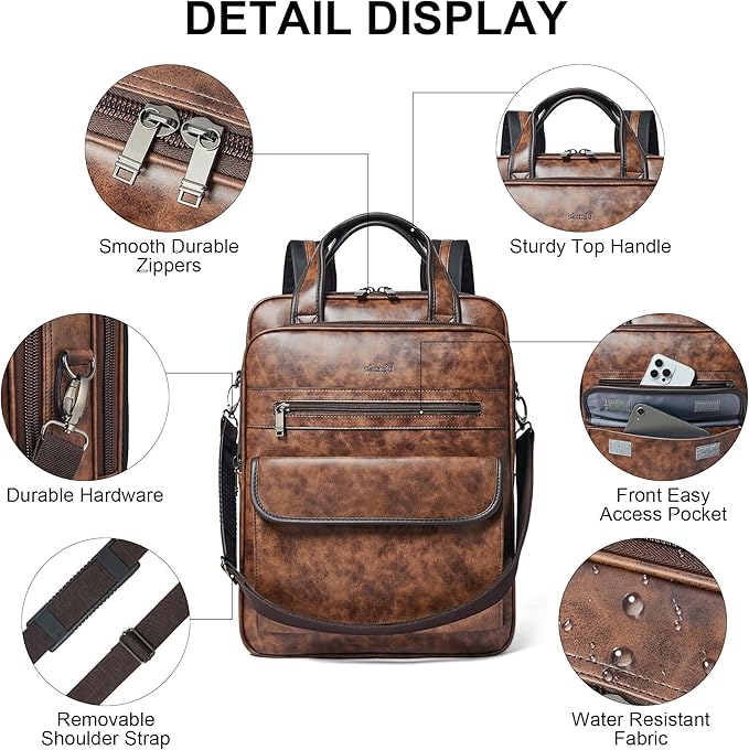 Shrrie Laptop Backpack for Women and Men, 15.6 Inch Vegan Leather Computer Backpack Professional Water-Resistant Casual Daypack for Work Business College Travel Office,Two-toned Brown