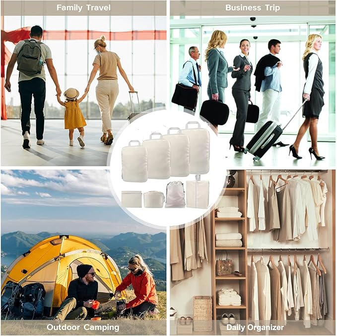 Compression Packing Cubes, 8 Set Organizers for Carry On Suitcases, Travel Essentials, Lightweight Expandable Luggage and Accessories (BEIGE)