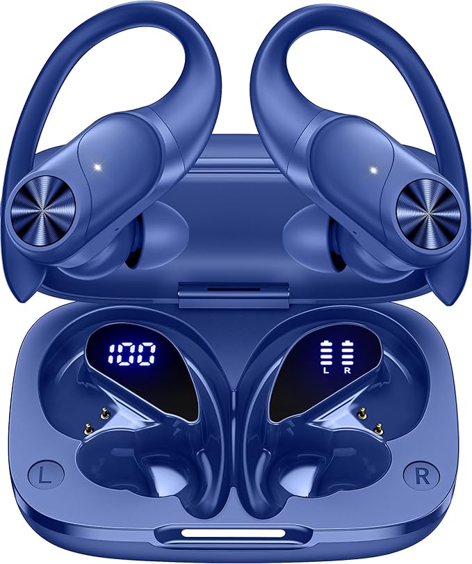 PocBuds Bluetooth Headphones Wireless Earbuds 80hrs Playtime Wireless Charging Case Digital Display Sports Ear Buds with Earhook Deep Bass IPX7 Waterproof Over-Ear Earphones for TV Phone Laptop Navy