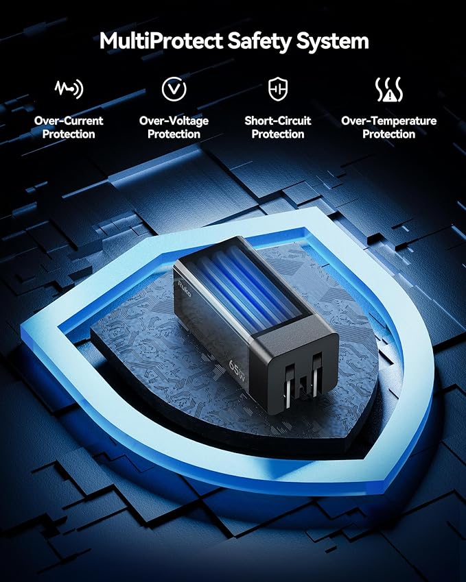 Ruko PD65W USB C Charger, 3-Port GaN Fast Charger Block, Compact Foldable Wall Charger for iPhone 17/16, MacBook Pro/Air, Galaxy S24, Pixel, Drone, Switch and More, Black