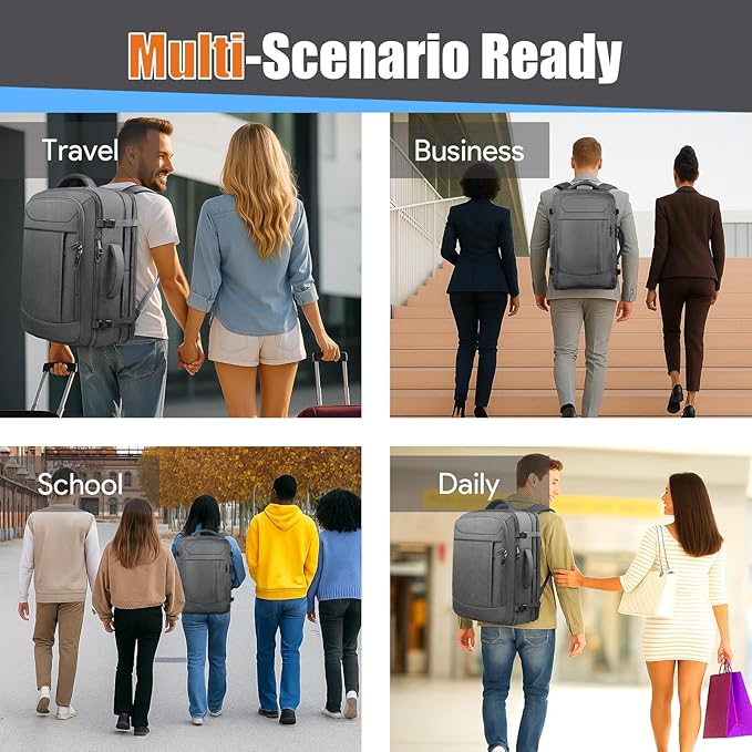 50L Travel Backpack, Carry On Backpack, Large Luggage TSA Flight Approved Anti-Theft Laptop Bag, Sturdy 17 Inch TSA Friendly Water Resistant College School Bag Gifts for Men,Grey