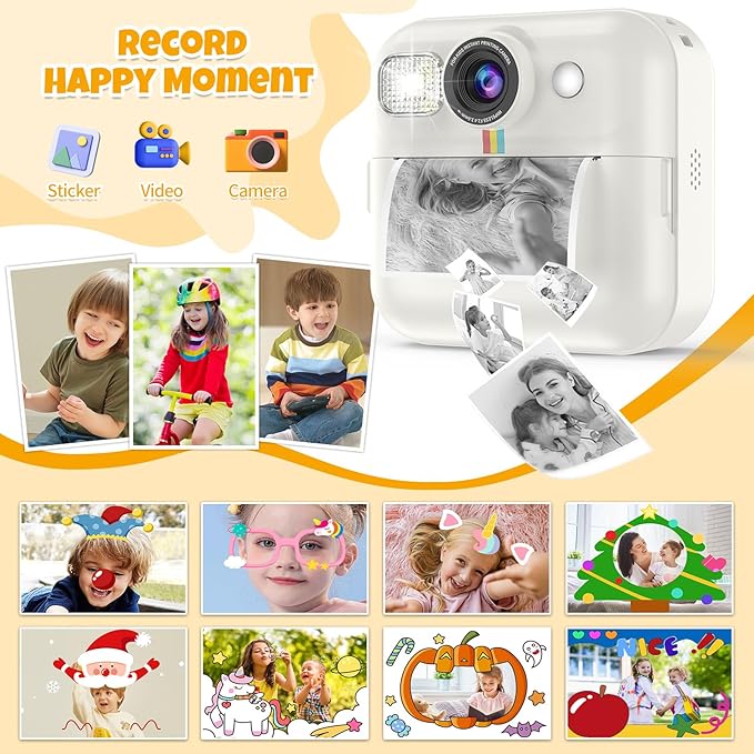 Kids Camera Instant Print Birthday Gifts for Girls Age 3-8, Toddler Cameras Travel Selfie Video Camera Toys Instantcamera for Kids with Color Pens (White)