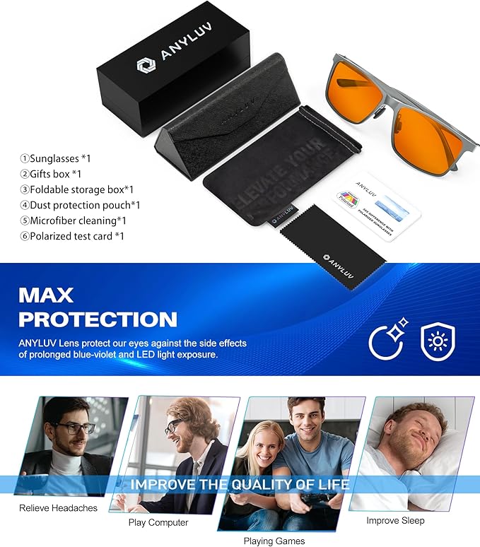 ANYLUV Blue Light Glasses Men, Relieve Eyestrain and Eye Protection, Al-Mg Metal Computer Blue Light Blocking Glasses