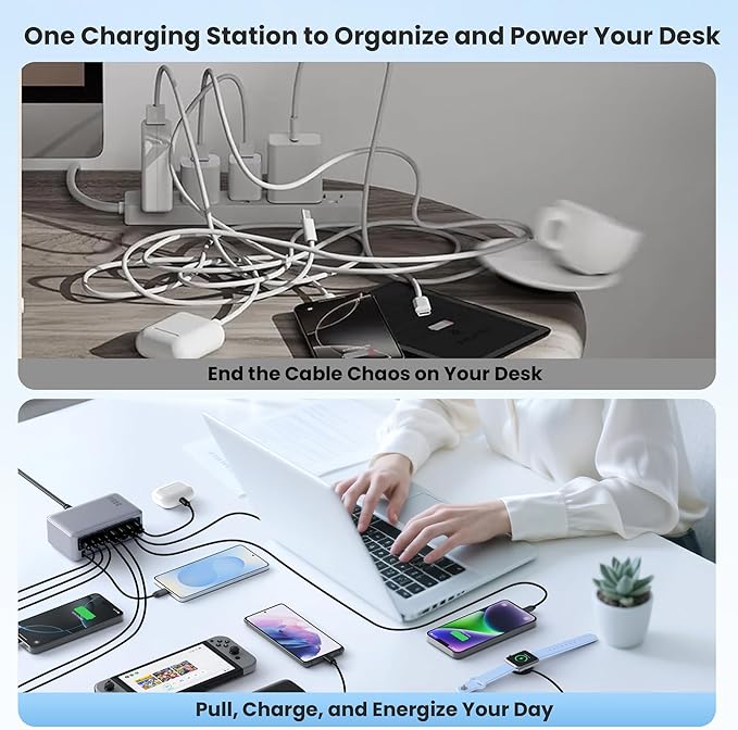 345W USB C Charger Block with 2 Built-in Retractable Cables,10-in-1 GaN IV USB C Charging Station,PD 65W Laptop Charger Power Adapter for MacBook Pro/Air,DELL,iPhone17/16/15/14,Galaxy S24,Android etc