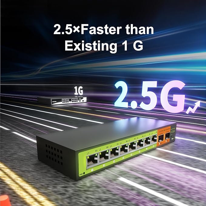 10-Port 2.5gb Switch, 8*2.5G RJ45 and 2×10G SFP Uplink Ports, Unmanaged, Fanless, Multi gigabit, Compatible with 100/1000/2500Mbps Network.