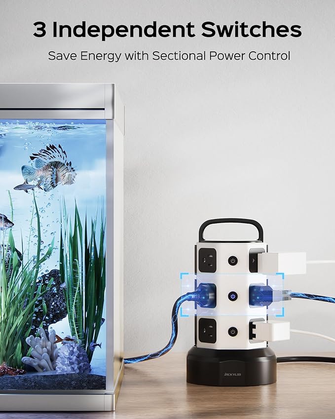 Power Strip Tower Surge Protector, JACKYLED 1625W 13A Outlet Surge Electric Tower, 12 Outlets 6 USB Ports Charging Station with 16AWG 15ft Heavy Duty Extension Cord for Home Office Dorm