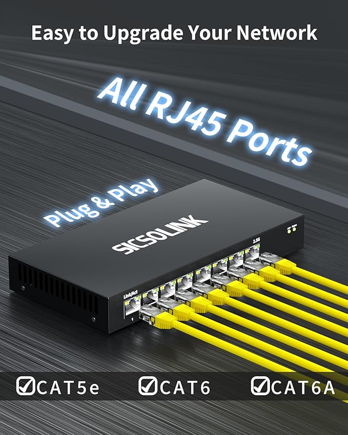 2.5Gb Switch, 8*2.5g Base-T Port Network Switch 2.5 Gigabit, Unmanaged Ethernet Switch for Gaming PC, NAS, 60Gbps Capacity, Fanless Silent, Desktop& Wall Mount. (8 Port 2.5gb Switch)