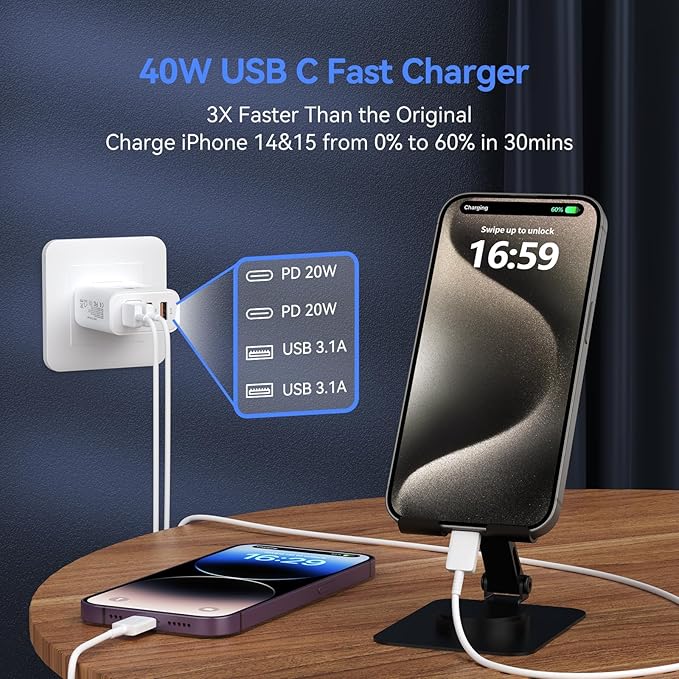 USB C Wall Fast Charger Block, 40W 4-Port Type C Chargers Fast Charging Blocks PD Power Charger Adapter+QC 3.0 USB Multiport Charger Brick for Phone 17/16/15/14/13/12 Pro Max, i-Pad, Galaxy S25-2Pack
