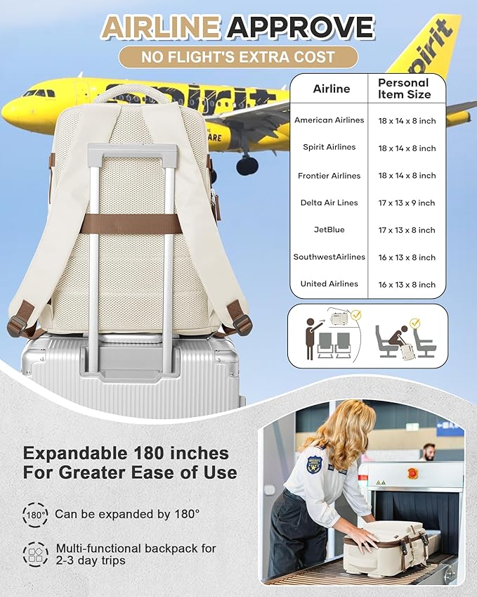 VECAVE Carry On Backpack for Women,Large Travel Backpack Flight Approved,Waterproof 14 Inch Laptop Backpack Business Work Backpacks Men Mochila De Viaje WhiteBrown