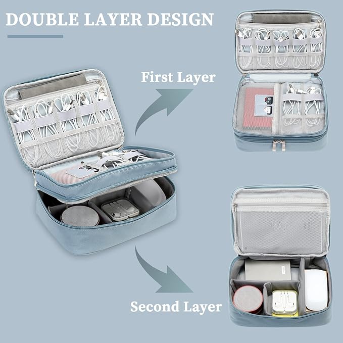 Lanola Travel Cable Organizer Bag, Electronic Accessories Case Portable Double Layer Cable Storage Bag for Cord,phone,Charger, Flash Drive,SD Card,Phone,Power Bank,Personal Items - Grey