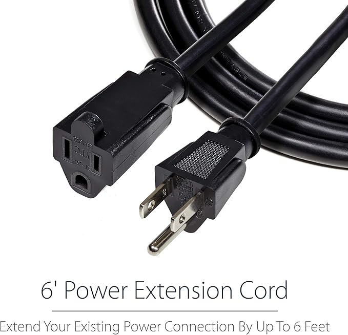 StarTech.com 6ft (2m) Power Extension Cord, NEMA 5-15R to NEMA 5-15P Black Extension Cord, 13A 125V, 16AWG, Outlet Extension Power Cable, AC Power Cord - UL Listed (PAC1016)