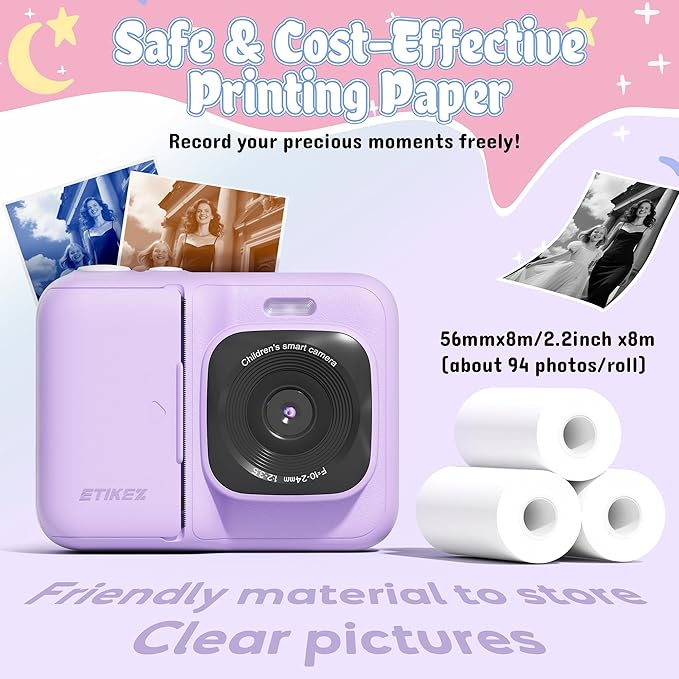 Instant Print Camera for Kids, HD Digital Camera, Christmas Birthday Gifts for 4 5 6 7 8 9 10 Year Old Girls Boys, Portable Toy Camera with 32GB SD Card & 3 Rolls Printing Paper, Violet