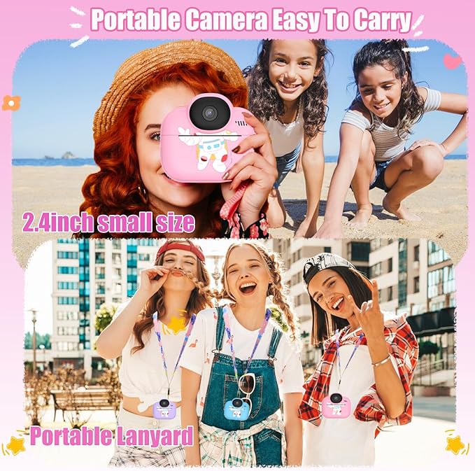 Kids Camera Instant Print Camera for Kids, Toddler Cameras Christmas Birthday Gifts for Girls Boys, 1080P HD Digital Video Cameras, Instant Camera Toy for 4 5 6 7 8 9 10 Year Girl with SD Card (Pink)