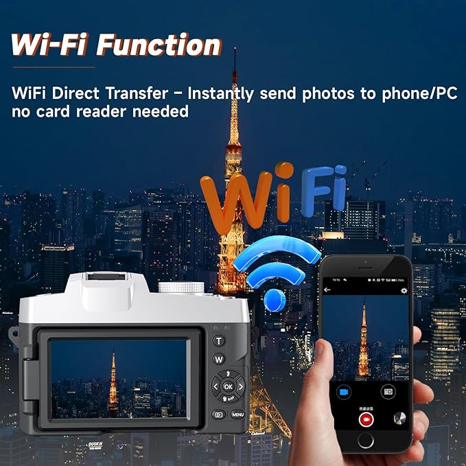 4K 75MP Digital Camera for Photography, Camera for Vlogging, 10X Optical Zoom, Auto Focus, WiFi, 3" Flip Touchscreen, 2 Batteries, Lens Hood, Tripod, Remote & Strap