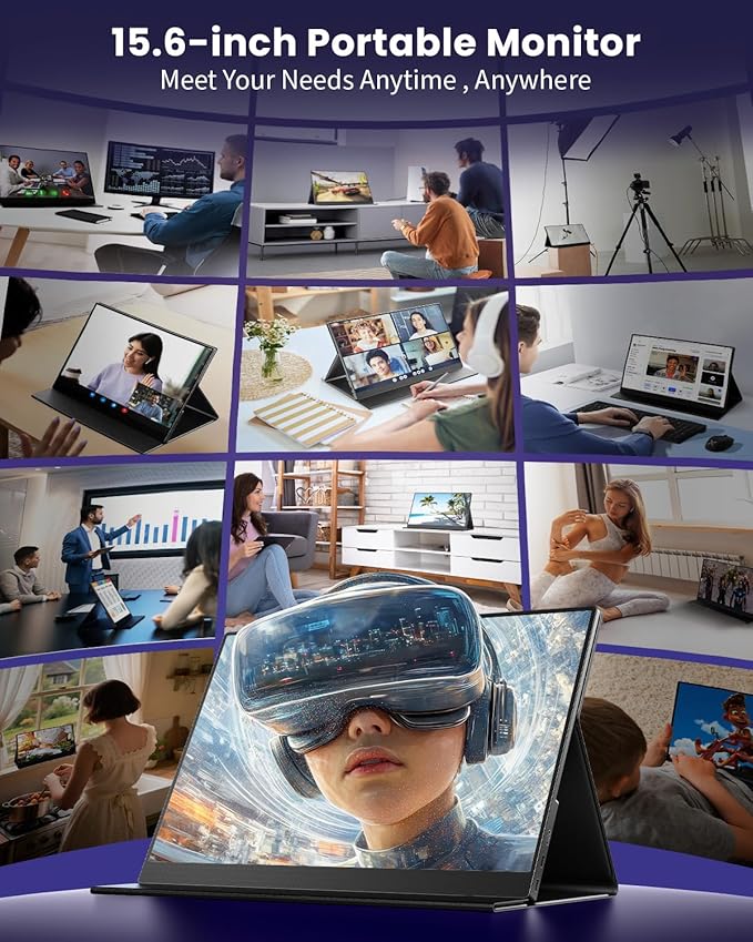 15.6 Inch Portable Computer Monitor, Portable Monitor for Laptop,PC,MacBook,Phone, PS4, 1080P FHD Display with HDMI USB-C, Built-in Speaker with Leather Case, Travel Work Home Gaming Monitors