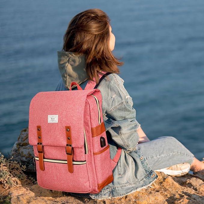 Ronyes Vintage Laptop Backpack for Women Men,15.6 inch Bookbag Casual Daypack with USB Charging Port for College Work, Pink Backpacks