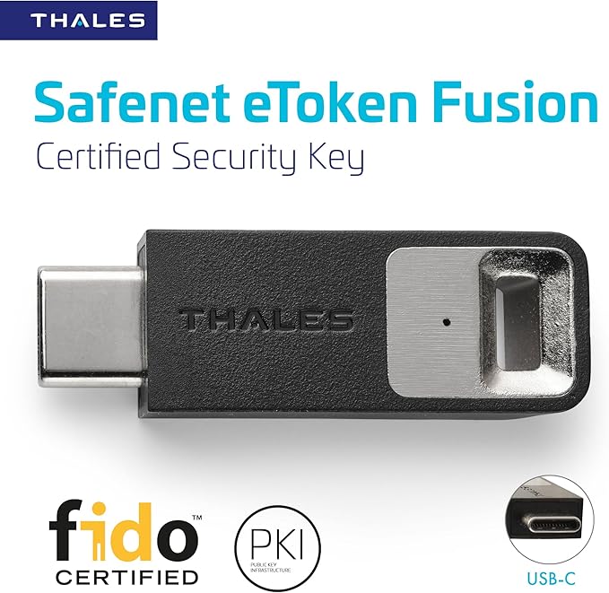 Thales - SafeNet eToken Fusion - Phishing-Resistant FIDO2 Certified Security Key for Digital certificates or FIDO2 authentication to Web apps and desktops - USB-C