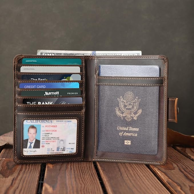 Polare Luxury RFID Blocking Leather Passport Holder Travel Wallet For Men and Women (Dark Brown with AirTag Slot(Snap Version))