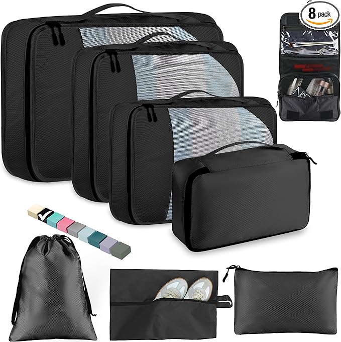 8-Piece Packing Cubes for Travel, Mesh Luggage Organizers with Shoe Bag, Toiletry Bag, Laundry Pouches, 4 Sizes (XL/L/M/S) for Suitcase Organization, Men Women Kids, Black